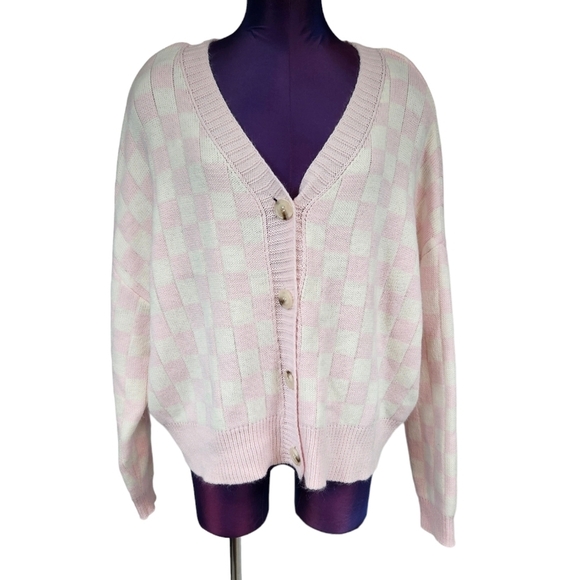 Just Polly Pink & White Checkered Button Front Cardigan Sweater Size Large V45 - Picture 1 of 8
